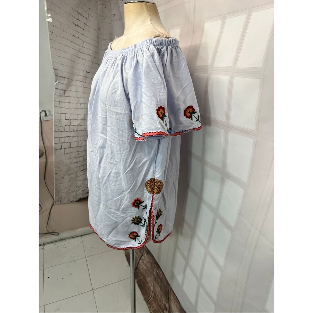 Zara light blue embroidered trim off the shoulder mini summer dress size small - Picture 5 of 12